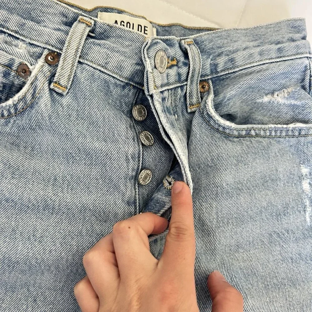 Agolde‎ Long Parker Distressed Denim Shorts Light Wash Button-Fly Womens 24
